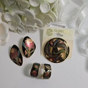 Vintage Cloisonne Enamel Black Floral Jewelry Set Of 3